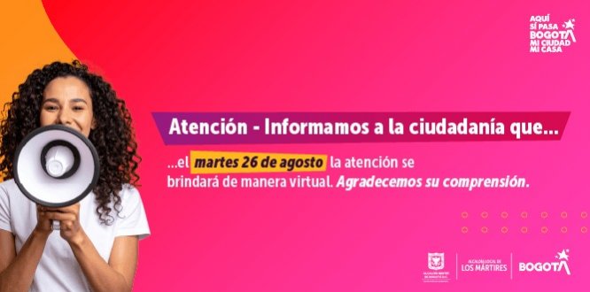 Imagen informativa alertando a la comunidad sobre atención virtual el día 26 de agosto de 2025