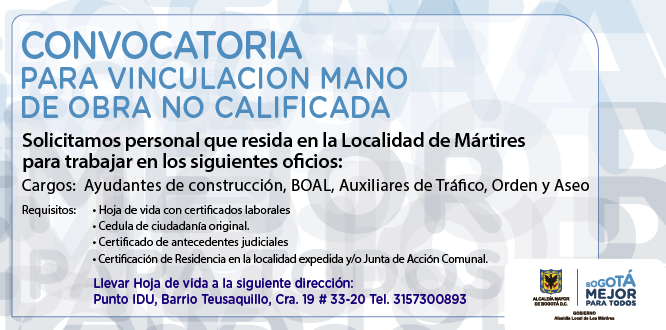 CONVOCATORIA PARA VINCULACIÓN MANO DE OBRA NO CALIFICADA